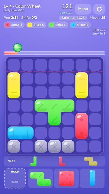 Gelominos gameplay with next pieces, a hold slot and gray junk at the bottom