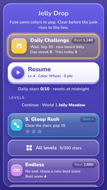 Gelominos main menu with the Daily Challenge card and a Resume button