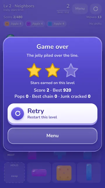 Results screen with three gold stars